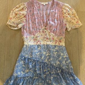 Love Shack Fancy Bea Patchwork Floral Mini Dress in Blue and Baby  - Size: US 6